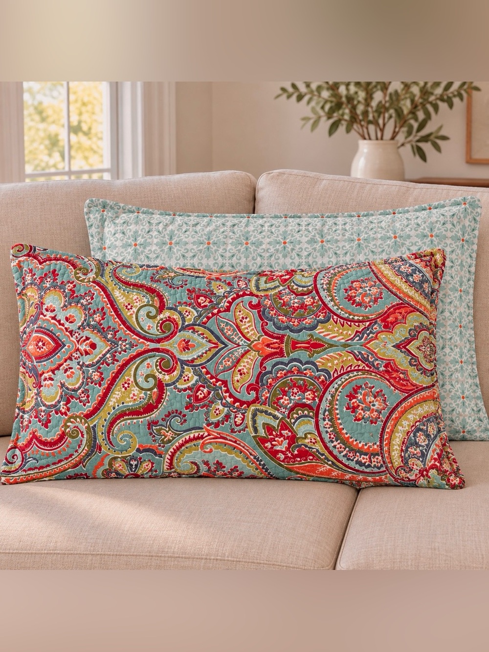 Set of 2 King Quilted Pillow Shams Reversible Aqua Floral Paisley 20x36